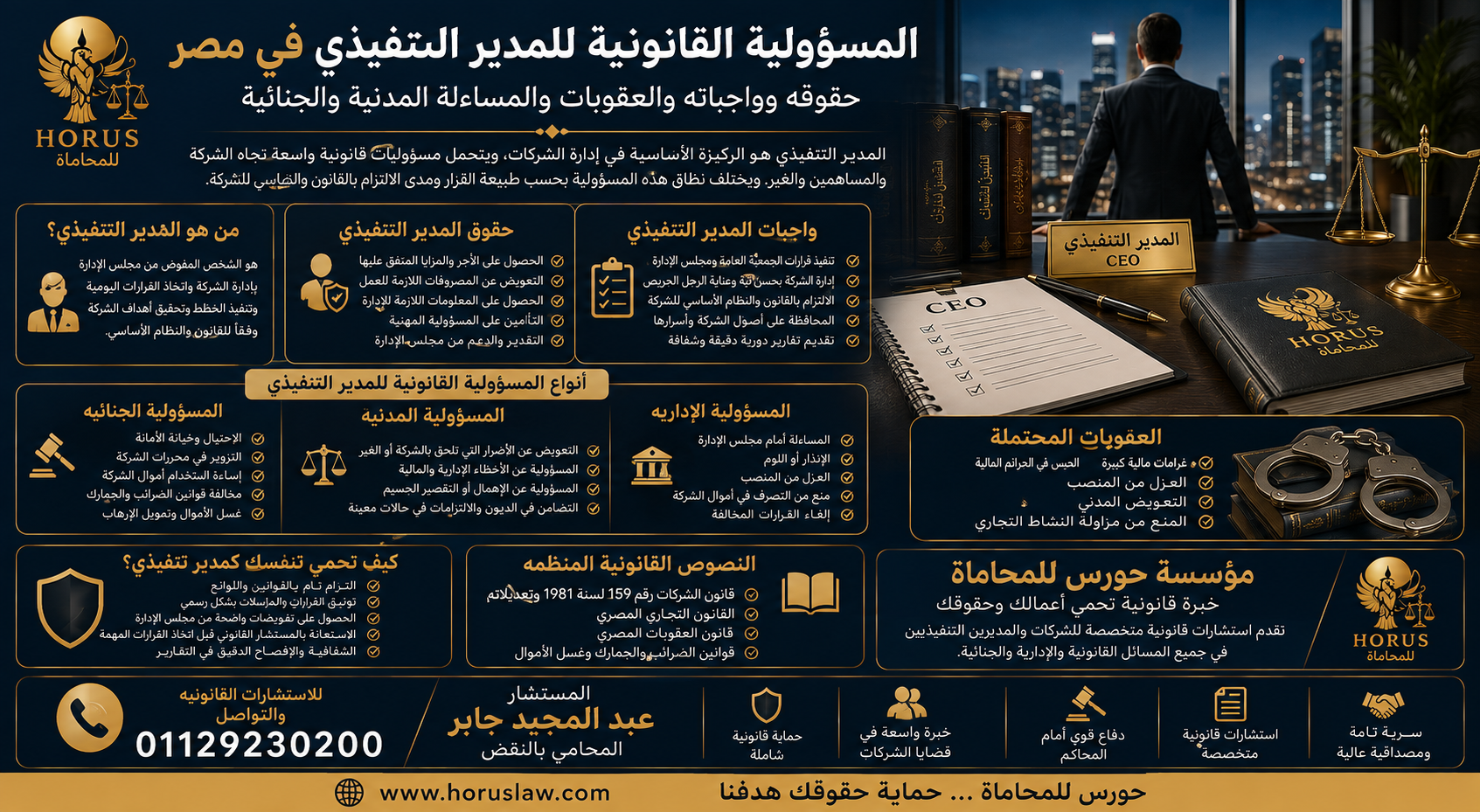 المسؤولية القانونية للمدير التنفيذي في مصر | حقوقه وواجباته والعقوبات والمساءلة المدنية والجنائية